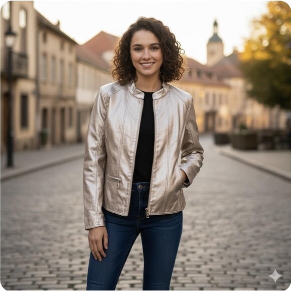 Cavalini Jacket Womens Large Champagne Metallic Faux Leather Zip Collarless - Picture 9 of 9